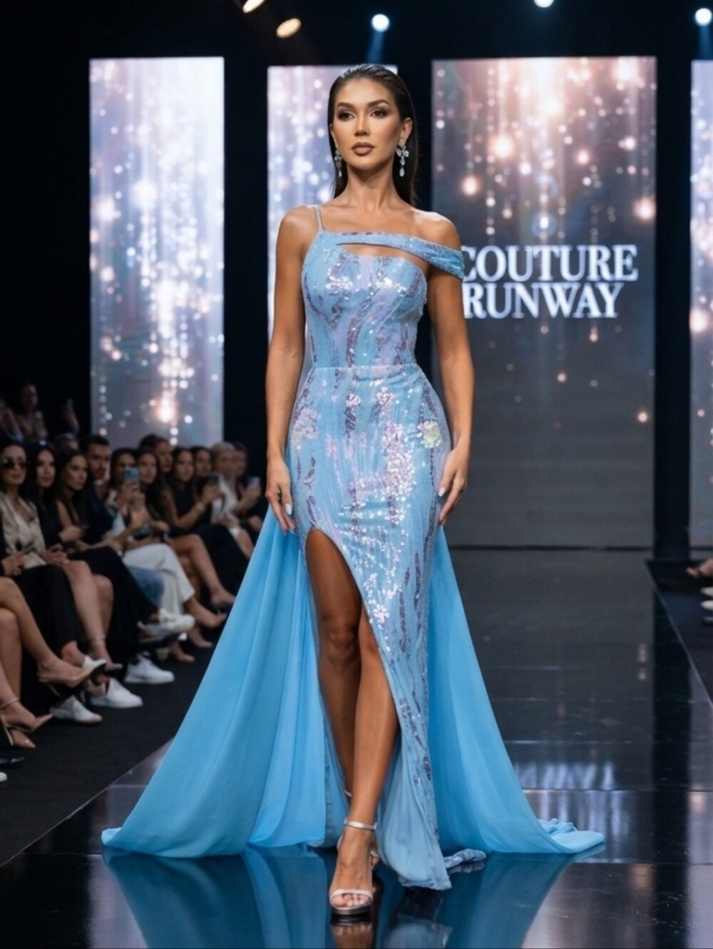 One-Shoulder Sequin Gown in Light Blue
